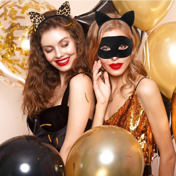 Cat Ears Headband & Masquerade Mask Set Plush Leopard Print Costume Accessory